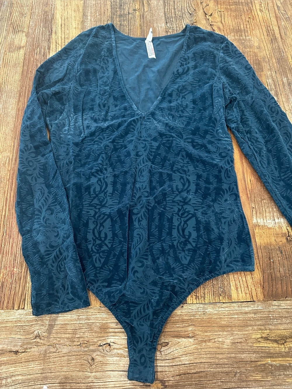 Free People Teal Blue Velvet V‑Neck Long Sleeve Bodysuit